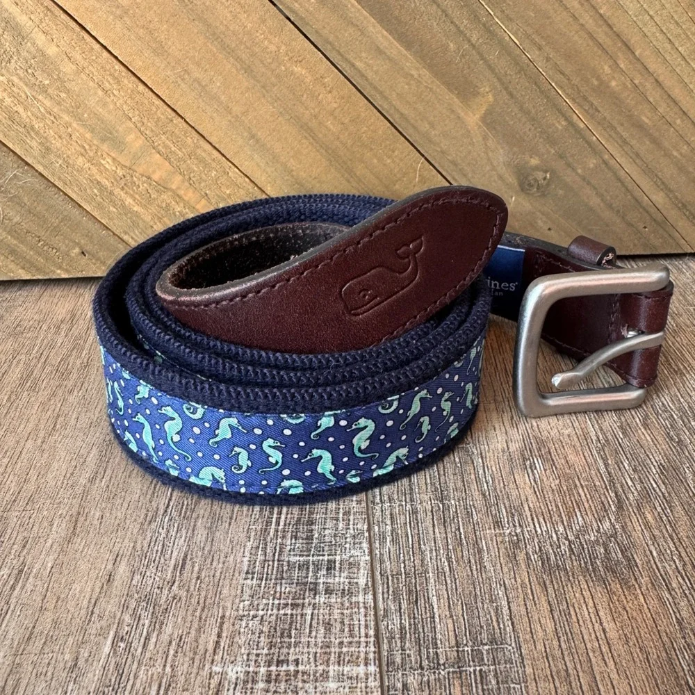 Vineyard Vines Mens 42 Seahorse Silk Canvas Leather Club Belt Navy Blue Preppy